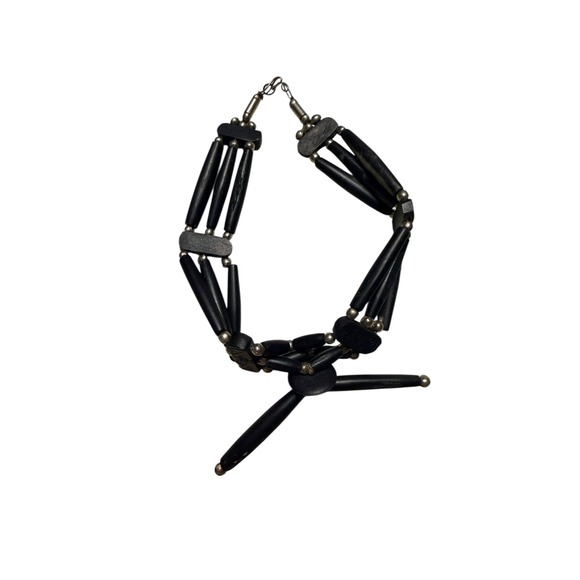 Jewelry - Vintage Black Multi Strand Horn Bead Choker Necklace Carved‎ Spacers Silver Tone